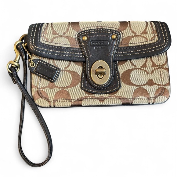 Coach Signature Legacy Stripe Turnlock Brown Jacquard Wristlet 65th Anniversary - Picture 1 of 6